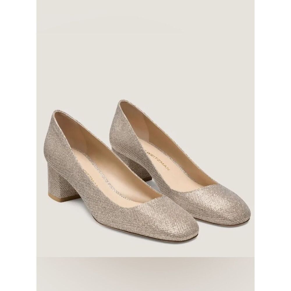 Stuart Weitzman Marymid Maeve 50 Gold Glitter Block Heel Pumps